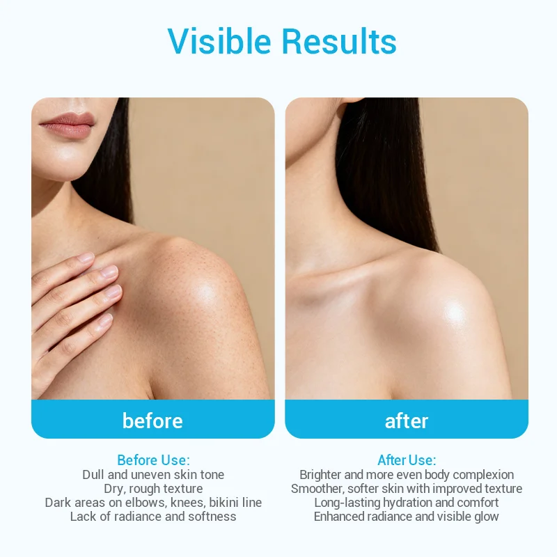 Comparison of skin texture and tone before and after treatment, showing visible improvement in smoothness and brightness.